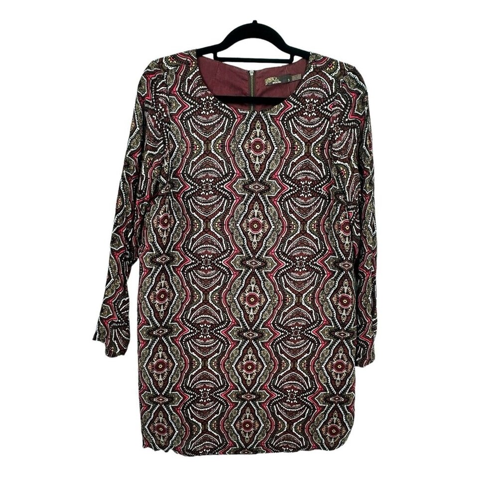 PRANA Dress Medallion Print Cece Shift‎ Long Sleeve Maroon Size Small
